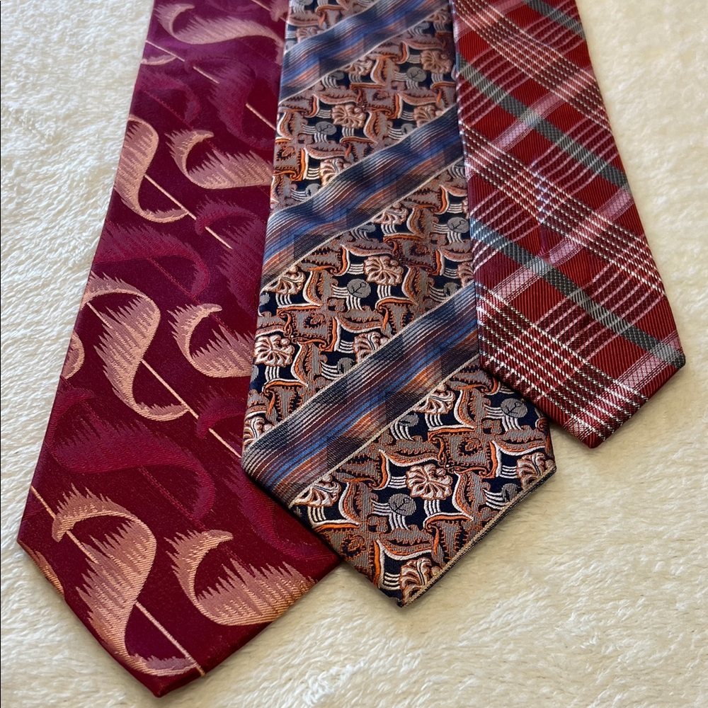 Lot of 3 Men's Burgundy Patterned Ties - Classic Formal Accessory 100% Silk